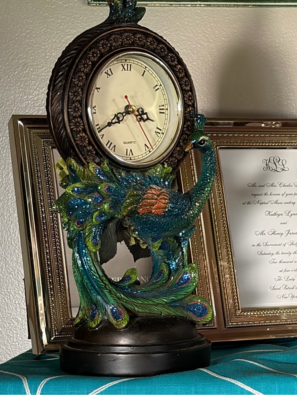 Peacock Table Clock Wall Decor - Green and Blue